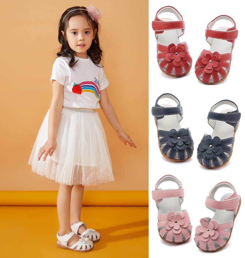 Femizee Girls Genuine Leather Soft Closed Toe Princess Flat Shoes Summer Sandals(Toddler/Little Kid) White,1504 CN25 - Image 2